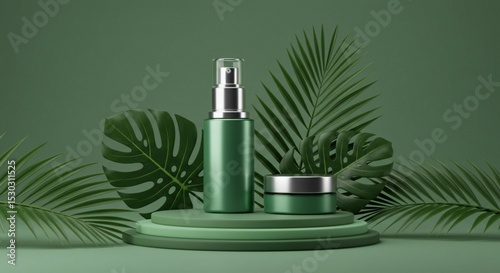 Beauty product presentation with green and silver container, tropical foliage accent, and elegant minimal green studio lighting