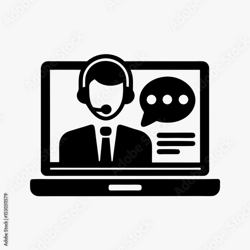Customer support icon with headset agent on laptop screen, online consultation or video call help service symbol

