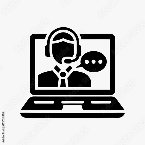 Customer support icon with headset agent on laptop screen, online consultation or video call help service symbol

