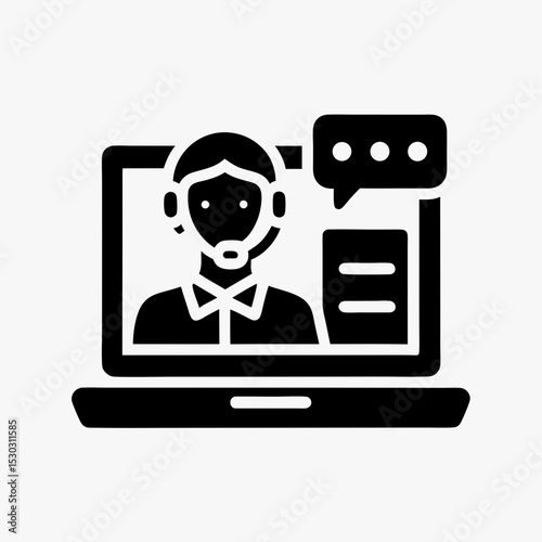 Customer support icon with headset agent on laptop screen, online consultation or video call help service symbol

