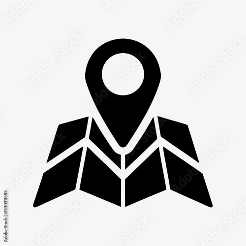 Map location icon, black GPS pin and folded map symbol on white background, navigation and direction concept illustration