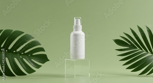 Cosmetic cream jar with silver lid displayed on a clear block pedestal, surrounded by lush green leaves and a smooth green backdrop.