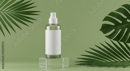 Cosmetic cream jar with silver lid displayed on a clear block pedestal, surrounded by lush green leaves and a smooth green backdrop.