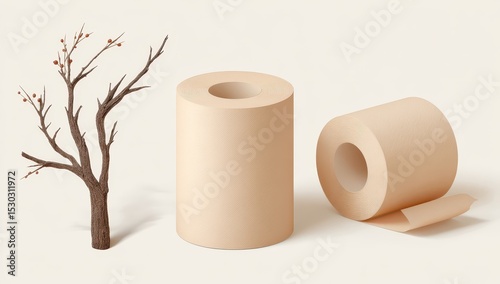Light beige toilet paper rolls beside a bare, winter tree