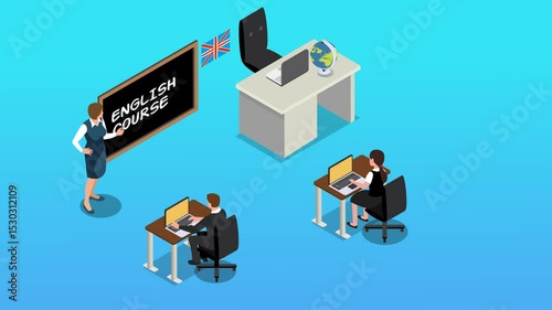 English Course Classroom – Teacher, Students, and Learning Environment 3d animation cartoon