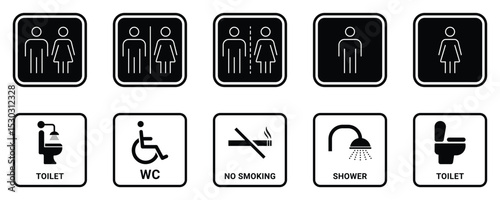Public washroom and hygiene pictogram set. WC symbols set. Man and woman toilet icon. Wheelchair accessible toilet sign. Toilet icons set, common male female restroom, handicap wheelchair access