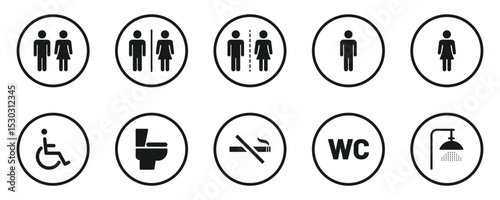 Public washroom and hygiene pictogram set. WC symbols set. Man and woman toilet icon. Wheelchair accessible toilet sign. Toilet icons set, common male female restroom, handicap wheelchair access