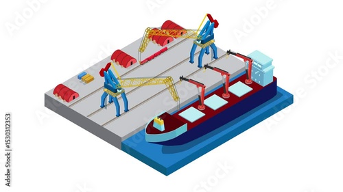 Industrial Port with Cargo Ship and Cranes – Isometric Maritime Logistics 3d animation cartoon