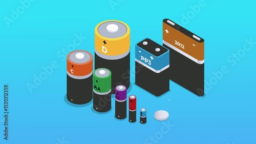 Various Types of Batteries – Isometric Illustration of Common Battery Sizes and Shapes 3d animation cartoon