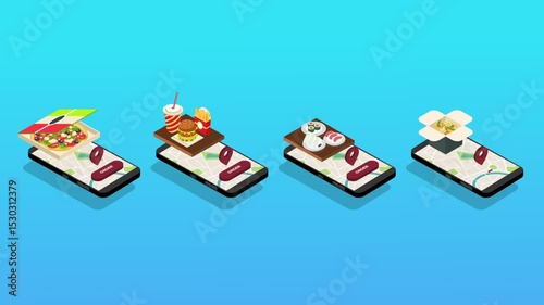 Online Food Delivery – Isometric Concept of Mobile Ordering with Various Cuisines 3d animation cartoon