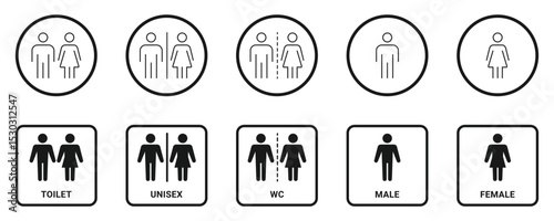 WC sign set icons. Restroom or bathroom for man and woman to peeing. Man and woman icons set. male and female sign and symbol.