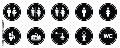WC sign set icons. Restroom or bathroom for man and woman to peeing. Man and woman icons set. male and female sign and symbol.