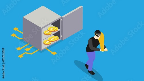 Cybercrime Concept with Hacker Stealing Digital Currency from Safe 3d animation cartoon