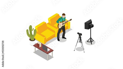 Young Musician Recording Guitar Performance at Home Studio with Camera and Lighting Setup 3d animation cartoon