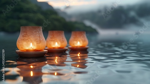 Peaceful Floating Lanterns on Water at Night Creating a Magical Lake Scene

