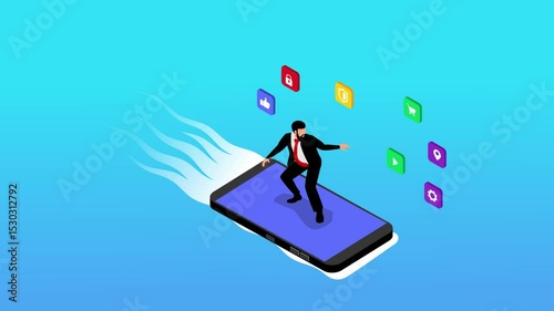 Businessman Surfing Smartphone in Digital App World 3d animation cartoon