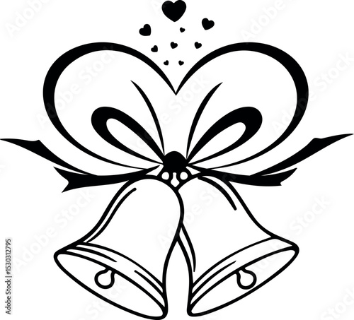 Classic Wedding Bells with Bow Black and White Illustration