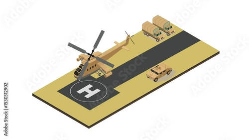 Military Base with Helicopter and Armored Vehicles on Desert Runway 3d animation cartoon