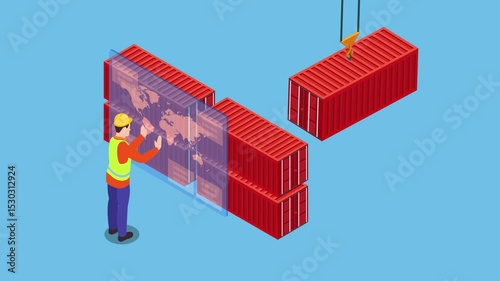 Futuristic Global Logistics and Shipping Management with Augmented Reality Interface 3d animation cartoon