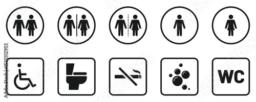 Accessibility and washroom sign icons. Gender and facility symbols, bathroom icons. Comprehensive collection of toilet, shower, soap, accessibility, and gender specific restroom signs.