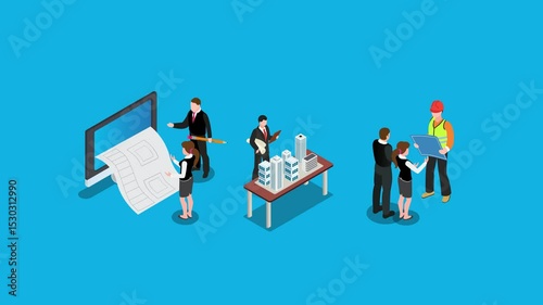 Architecture and Construction Planning Process with Team Collaboration 3d animation cartoon