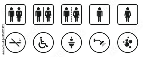 Accessibility and washroom sign icons. Gender and facility symbols, bathroom icons. Comprehensive collection of toilet, shower, soap, accessibility, and gender specific restroom signs.