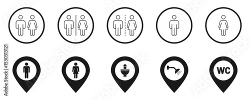 Restroom and Hygiene Symbol Icon Set. Bathroom Signage Icons. Public Restroom Icons Collection. Hygiene and Toilet Symbol Vector Pack.