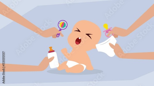 Crying Baby Surrounded by Care Essentials – Feeding, Diapering, Soothing cartoon animation