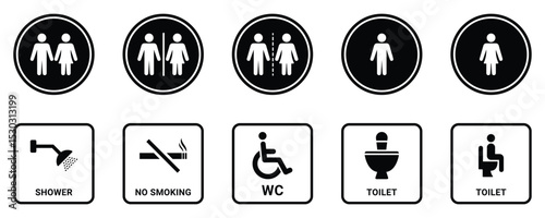 Restroom and Hygiene Symbol Icon Set. Bathroom Signage Icons. Public Restroom Icons Collection. Hygiene and Toilet Symbol Vector Pack.