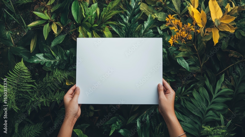 Hands holding blank white paper against lush green foliage background. Hands holding blank white paper against lush green foliage background.