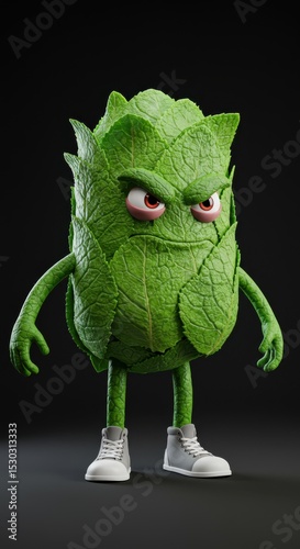 A fierce animated character made entirely of mint leaves, with arms, legs, and white sneakers, stands against a dark background.