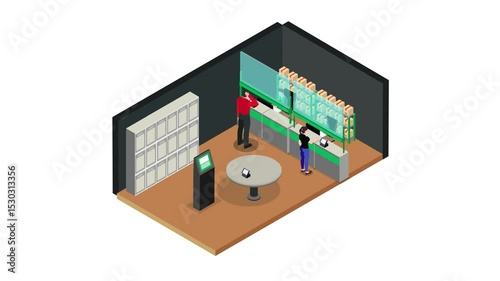 modern bank interior with customers interacting with tellers and using an information kiosk 3d animation cartoon