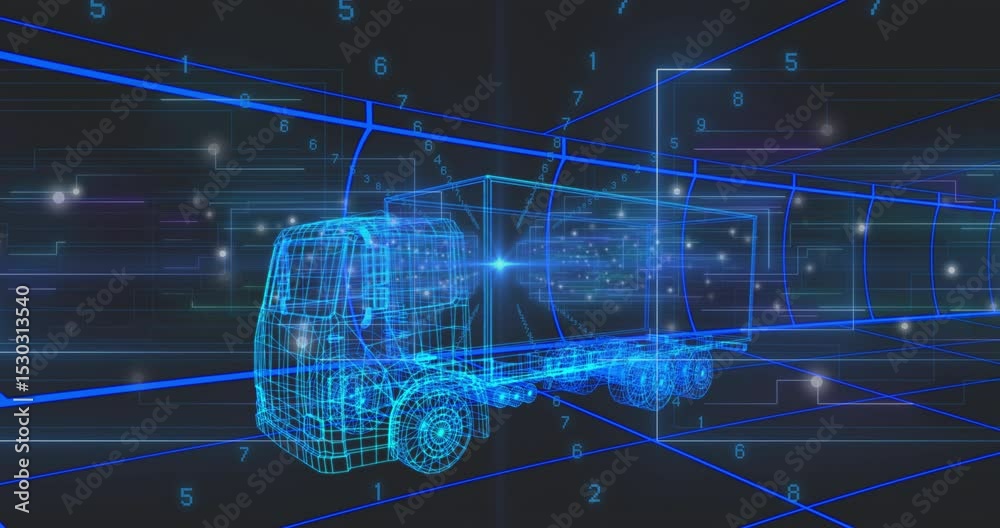 Opening neon grid starting wireframe semi truck rotating and streaming for cargo diagnostics