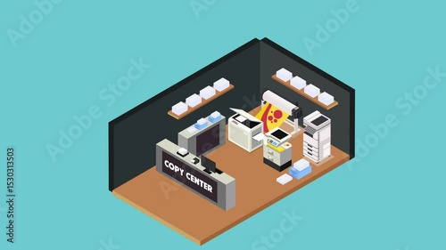 Copy Center with Printers and Office Equipment 3d animation cartoon