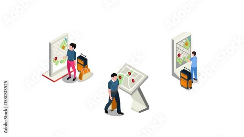 travelers with luggage using interactive city maps on information kiosks and wall-mounted displays to navigate their way 3d animation cartoon