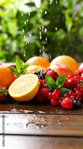 Refreshing Fruit Medley: Water Sprinkling on Berries, Citrus, and Mint on Wooden Surface