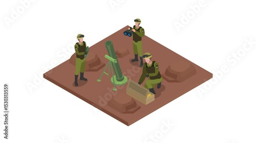 military mortar team consisting of three soldiers in camouflage uniforms preparing to fire a mortar 3d animation cartoon