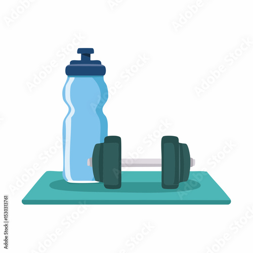 Vector of dumbbells and water bottle on a floor mat, minimal health scene on white.