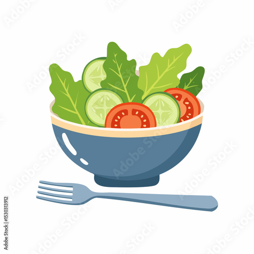 Vector of a salad bowl with fresh veggies, fork, and spoon on a white background.