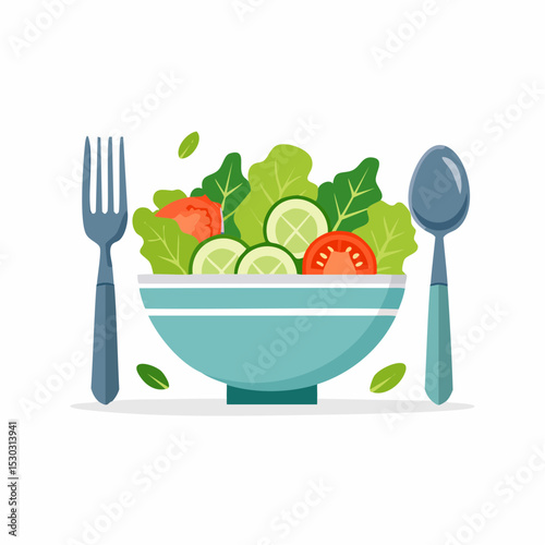 Vector of a salad bowl with fresh veggies, fork, and spoon on a white background.