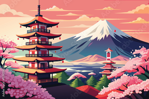 A picturesque illustration of a Japanese landscape featuring a traditional pagoda, Mount Fuji, and cherry blossoms.