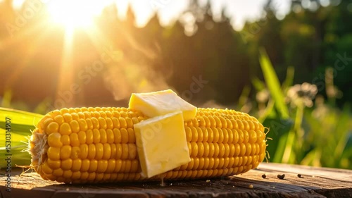 Steaming Corn on the Cob with Melting Butter in Golden Sunlight, Outdoor Summer Feast