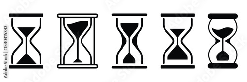 Hourglass sand timer icon collection. Set of black and white hourglass icons showing sand flow. Perfect for countdowns, time limits, or productivity visuals.