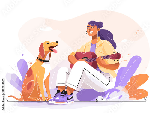 A Musical Bond: A girl with purple hair sits playing guitar, and her dog watch her. It creates a special connection, showcasing the comfort and shared joy of simple moments.