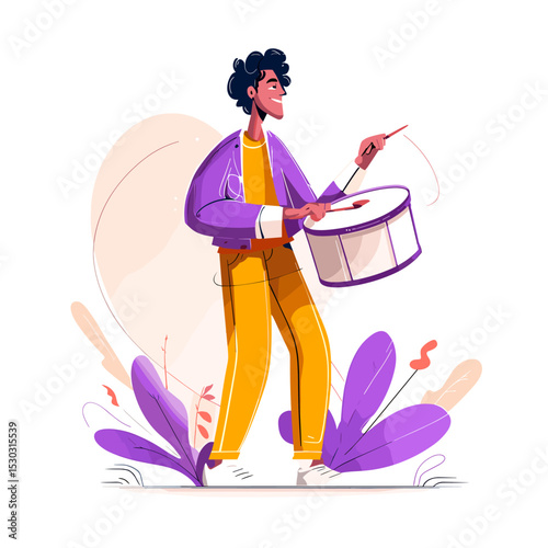 Rhythmic Bliss: A youthful musician, caught in a moment of passion, energetically beats a drum, embodying the pure joy and freedom of musical expression.