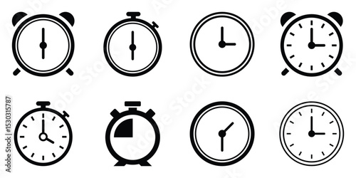 Time and clock vector icons. Time management. Timer, speed, alarm, recovery, time management, calendar and more. Isolated collection of time for web sites icon on white background.