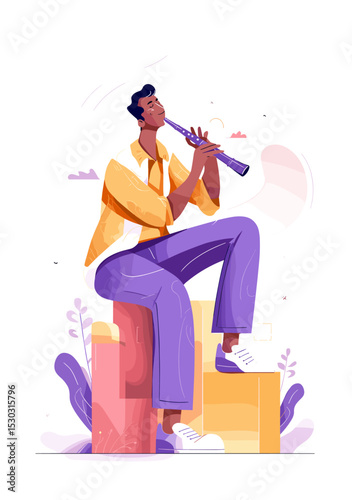 Musical Harmony: A vibrant illustration of a musician, immersed in the melodies he creates, bringing harmony to the scene, with an engaging and elegant performance.