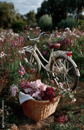 White bicycle standing in summer wildflower meadow with basket full of flowers photo
