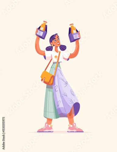 The Perfect Purchase: A stylish individual joyfully balances two carriers of beverages, embodying the essence of everyday happiness and refreshment.