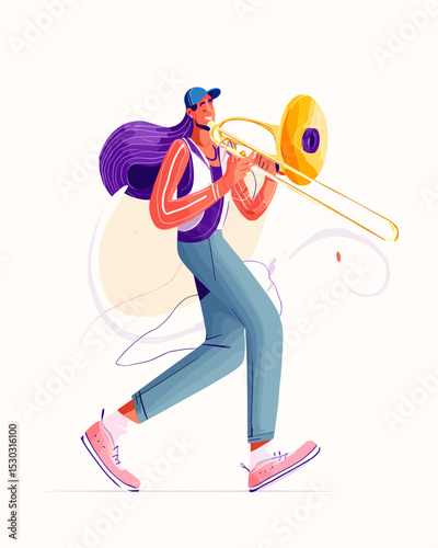 Trombone Player in Motion: A vibrant illustration of a young woman, dynamic and energetic, playing a trombone while walking. Her purple hair flows behind her as she plays.